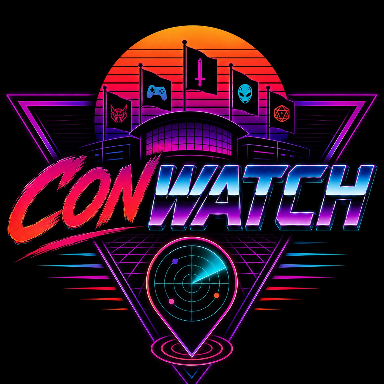 ConWatch logo - a retro synthwave convention radar