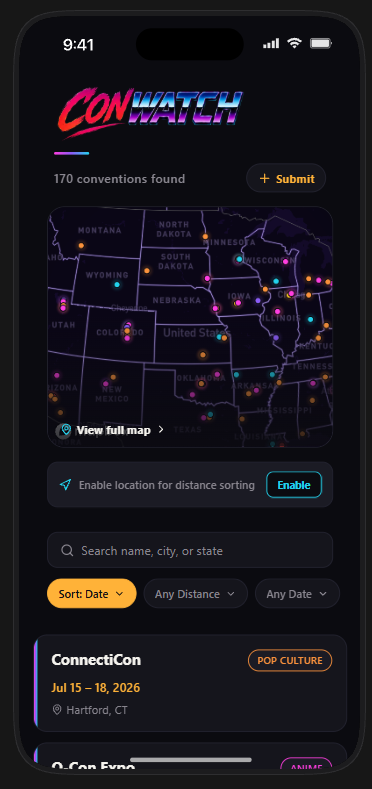 ConWatch mobile app showing a live map of conventions